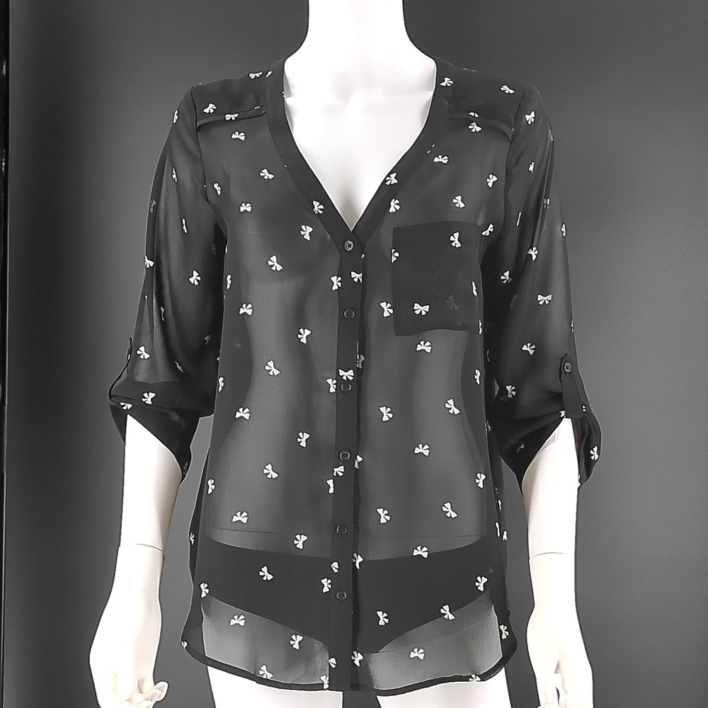 Maurices Black Sheer Bow Print Button Down Roll Tab Sleeve Blouse Small
